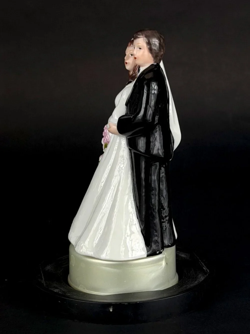 Vintage Porcelain Wedding Cake Topper in Protective Display Dome 1980s